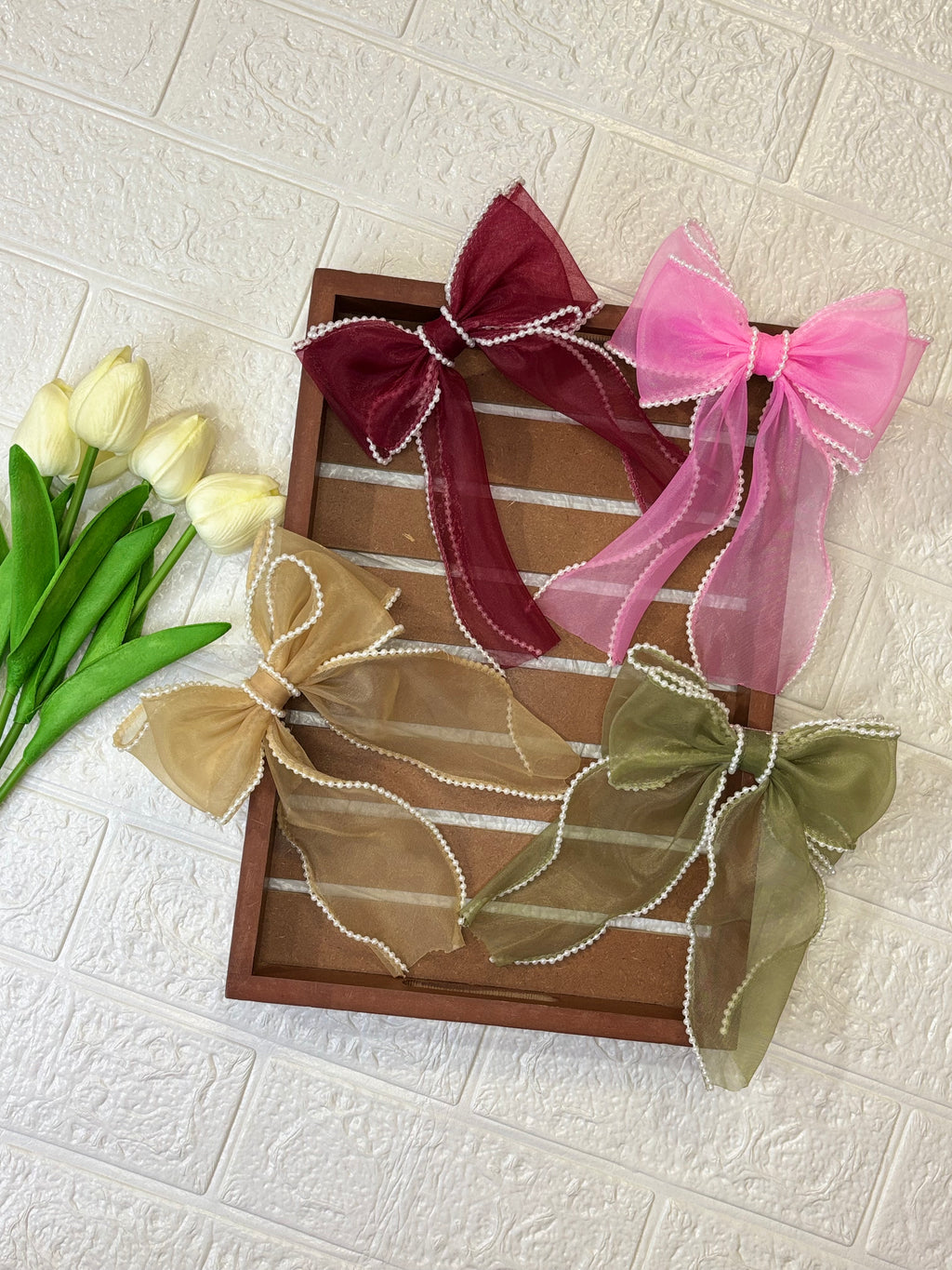 Long Tail Bow with pearl lace