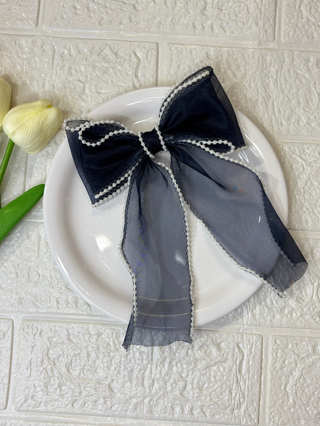 Long Tail Bow with pearl lace